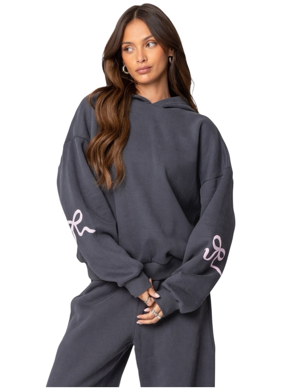 Edikted Bonny Bow Sleeve Oversized Fleece Hoodie Charcoal Gray Coquette XS